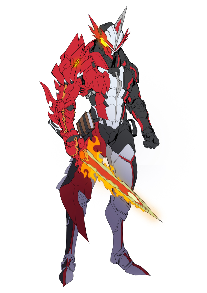 1boy absurdres armor asymmetrical_armor black_armor bodysuit book brave_dragon catball1994 fire full_body glowing glowing_eyes highres kaenken_rekka kamen_rider kamen_rider_saber kamen_rider_saber_(series) multicolored_clothes red_armor sheath stylistic visor visor_(armor) yellow_eyes