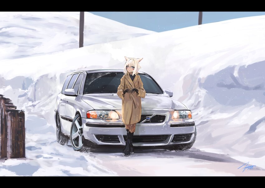 1girl black_boots black_gloves black_shirt blonde_hair boots brown_jacket car commentary commission english_commentary final_fantasy final_fantasy_xiv gloves glowing grey_eyes highres jacket looking_at_viewer miqo&#039;te motor_vehicle nougat_(no_9ada) outdoors shadow shirt short_hair snow solo vehicle_focus volvo volvo_v70 white_car y&#039;shtola_rhul