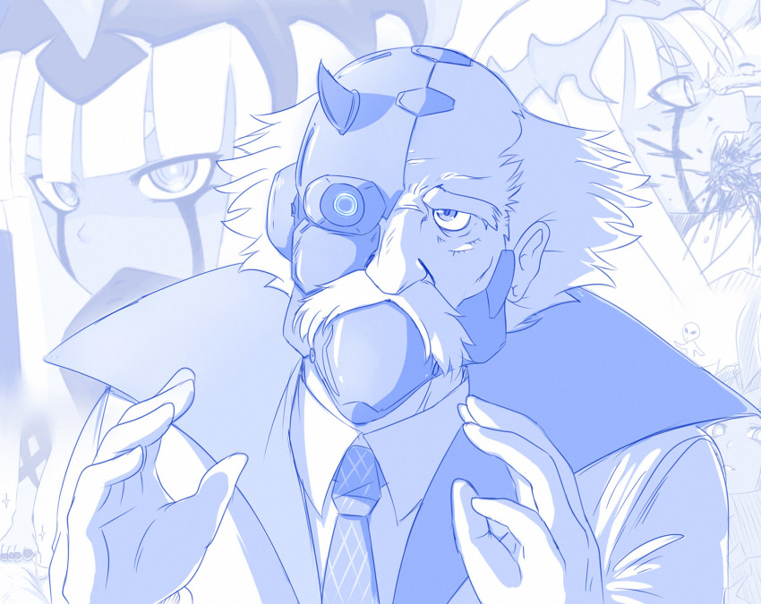 001_(darling_in_the_franxx) 10s 1boy 1girl ancient_aliens balding blood blue_theme coat collared_shirt commentary cyborg darling_in_the_franxx dr._franxx english_commentary facial_hair gloves hands_up highres horns looking_at_viewer meme monochrome mustache necktie old old_man sharp_teeth shirt single_horn solo_focus teeth viperxtr