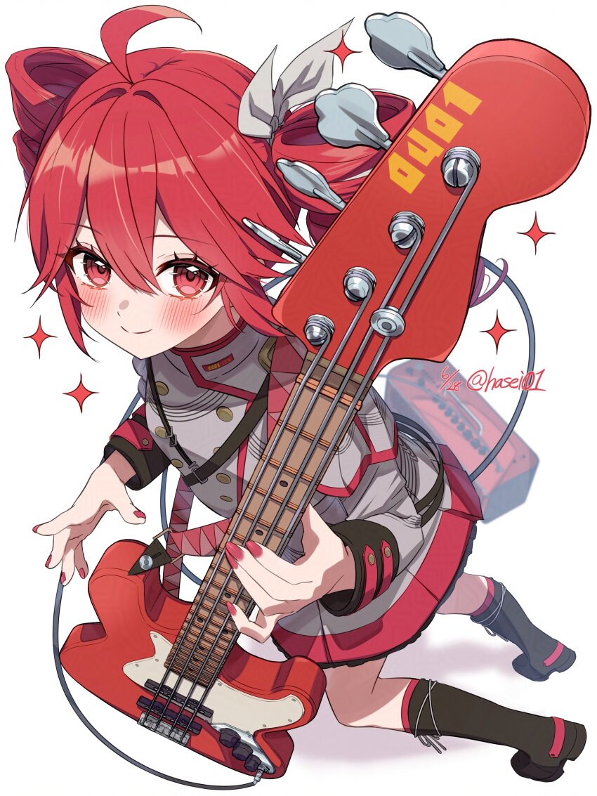 1girl absurdres ahoge black_boots black_sleeve_cuffs blush boots buttons closed_mouth dated double-breasted drill_hair electric_guitar full_body grey_jacket grey_skirt guitar hair_between_eyes hair_ribbon hasei_(hasei01) hashtag-only_commentary highres holding holding_guitar holding_instrument instrument jacket kasane_teto kasane_teto_(sv) long_sleeves looking_at_viewer nail_polish red_eyes red_hair red_nails red_trim ribbon short_hair simple_background skirt smile solo standing synthesizer_v twin_drills twitter_username utau white_background white_ribbon