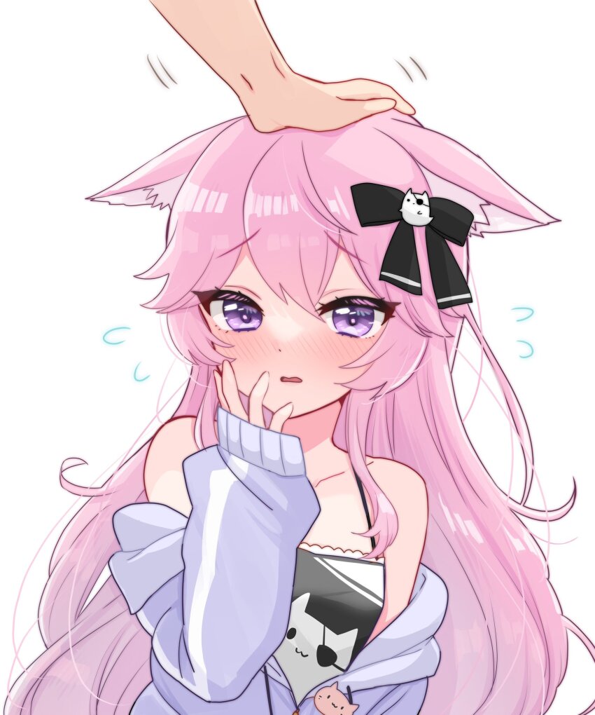 1girl 1other animal_ears bare_shoulders black_ribbon black_tank_top blush cat_ears cat_girl cat_hair_ornament collarbone commentary_request flying_sweatdrops ghost_hair_ornament hair_ornament hair_ribbon hand_up headpat highres hood hoodie indie_virtual_youtuber long_hair long_sleeves looking_at_viewer nyatasha_nyanners nyatasha_nyanners_(1st_costume) open_mouth pink_eyes pink_hair purple_hoodie ribbon simple_background sleeves_past_wrists solo_focus sukoyaka_(100hituzi) tank_top virtual_youtuber white_background