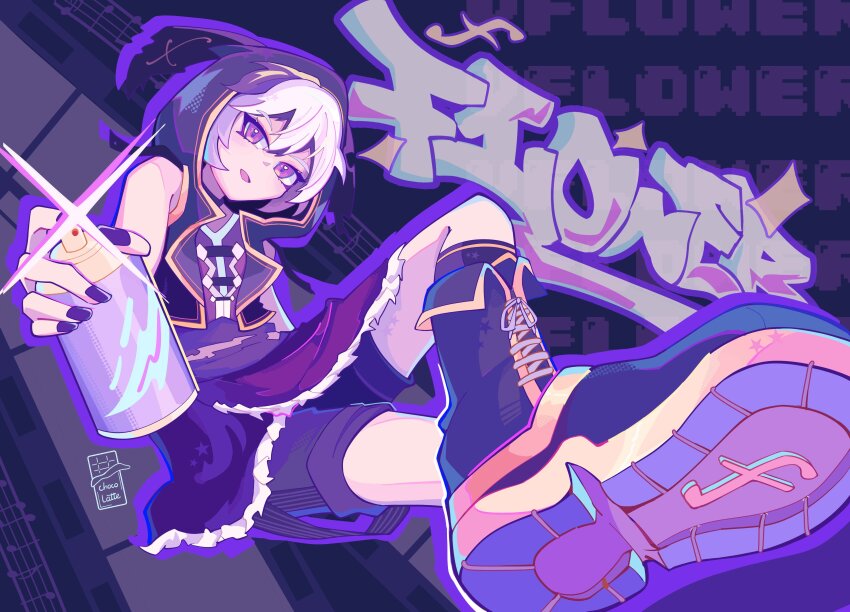 1girl absurdres androgynous black_hair black_nails boots character_name chocolatte_39 choker flower_(vocaloid) flower_(vocaloid4) forte_(symbol) fur_trim graffiti highres hood hood_up hooded_jacket jacket multicolored_hair musical_note open_mouth perspective purple_eyes purple_skirt purple_undershirt purple_vest shoe_soles short_hair shorts skirt smile spray_can tomboy torn_clothes two-tone_hair vest vocaloid wallet_chain white_hair