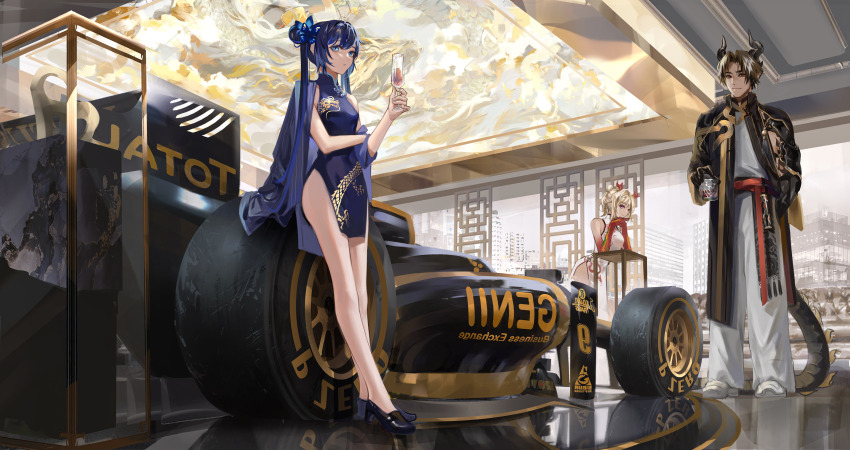 1boy 2girls absurdres architecture arknights arm_support ass_support black_dress black_gloves black_hair blue_archive blue_eyes brown_hair butterfly_hair_ornament car china_dress chinese_clothes chongyue_(arknights) commentary company_connection crossed_arms crossover cup double_bun dragon_boy dragon_girl dragon_horns dragon_tail dress drinking_glass east_asian_architecture english_commentary f1 formula_one formula_racer full_body gloves gradient_skin hair_between_eyes hair_bun hair_ornament halo head_rest high_heels highres holding holding_cup horns kisaki_(blue_archive) light_brown_hair long_hair long_sleeves looking_at_viewer lotus_(brand) motor_vehicle multiple_girls nian_(arknights) nian_(unfettered_freedom)_(arknights) pointy_ears race_vehicle racecar red_eyes short_hair side_slit sidelocks sleeveless smile standing tail thao_ngo trait_connection twintails white_dress wine_glass yostar