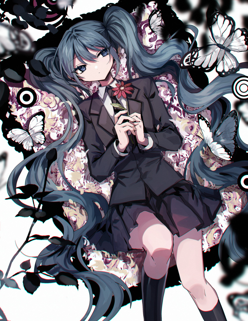1girl absurdres aqua_eyes aqua_hair black_jacket black_necktie black_skirt black_socks blue_eyes bug butterfly commentary danjou_sora dress_shirt feet_out_of_frame floral_background flower formal_clothes hair_between_eyes hair_intakes hatsune_miku hatsune_miku_(saihate) highres holding holding_flower insect jacket long_hair looking_at_viewer lying necktie on_back picture_frame saihate_(vocaloid) shirt skirt socks solo twintails very_long_hair vocaloid white_background white_shirt