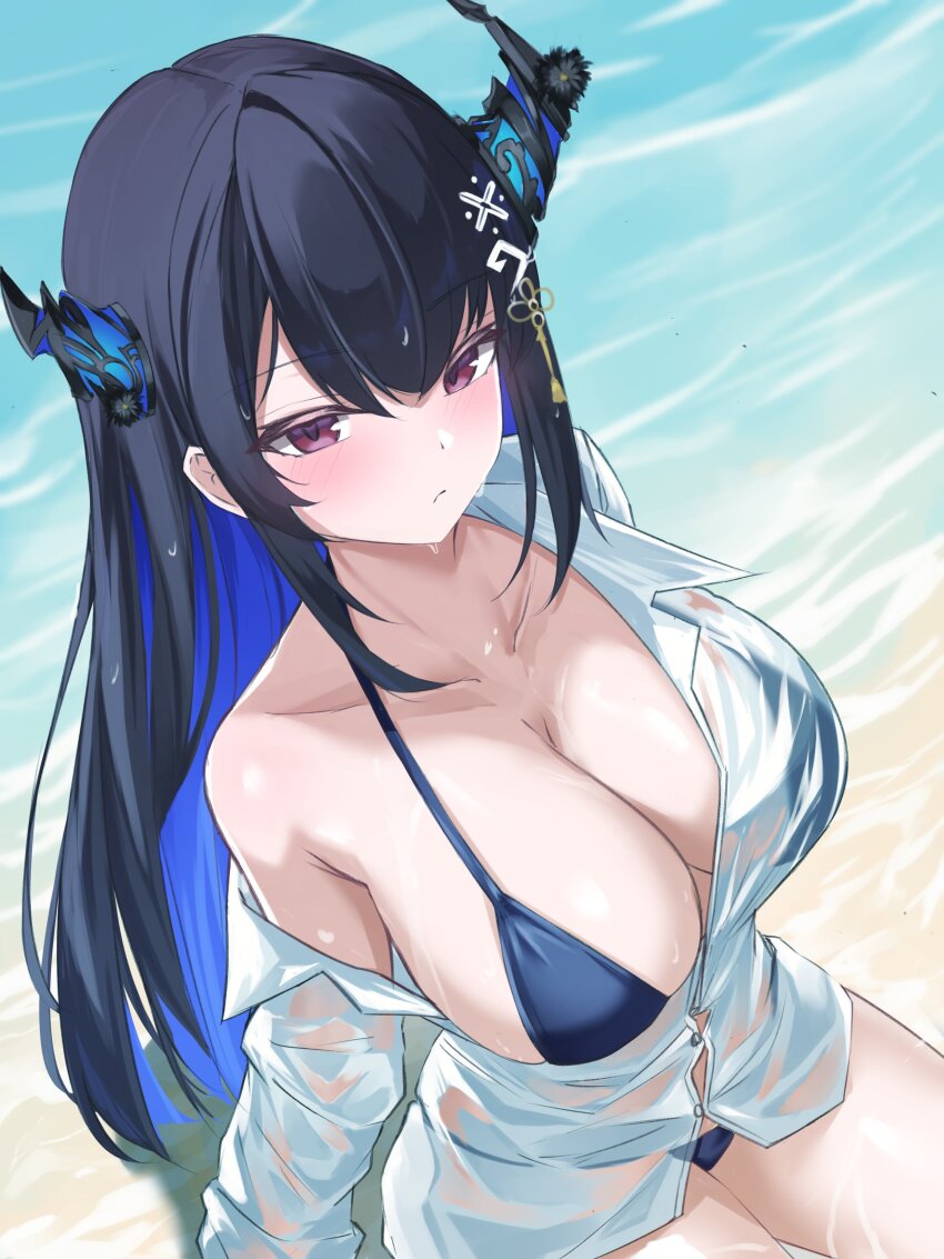1girl absurdres asymmetrical_horns avil beach bikini black_hair blue_bikini blue_hair blush breasts collarbone highres hololive horns large_breasts multicolored_hair nerissa_ravencroft ocean purple_eyes sand see-through_clothes see-through_shirt shirt single_bare_shoulder single_off_shoulder solo swimsuit two-tone_hair uneven_horns virtual_youtuber water wet wet_clothes wet_shirt white_shirt