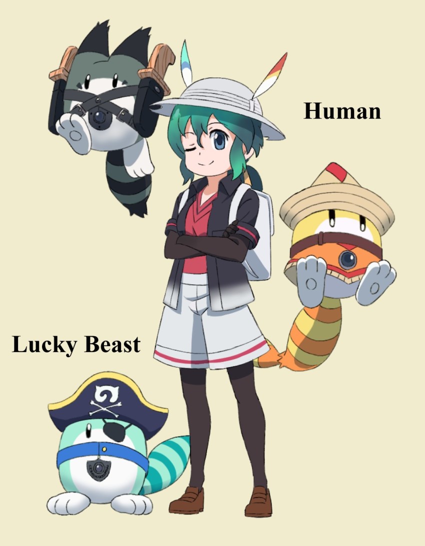1girl ;) aged_up backpack bag beige_background black_gloves black_pantyhose black_shirt blouse blue_eyes brown_footwear character_name collared_shirt commentary_request crossed_arms elbow_gloves english_text eyepatch gloves green_hair grey_headwear grey_shorts hat hat_feather helmet highres japari_symbol kaban_(kemono_friends) kemono_friends kemono_friends_2 loafers low_ponytail lucky_beast_(kemono_friends) one_eye_closed open_clothes open_shirt pantyhose pantyhose_under_shorts pirate_hat pith_helmet ponytail red_shirt shirt shoes shorts sidelocks simple_background smile v-neck yamaguchi_yoshimi yellow_background