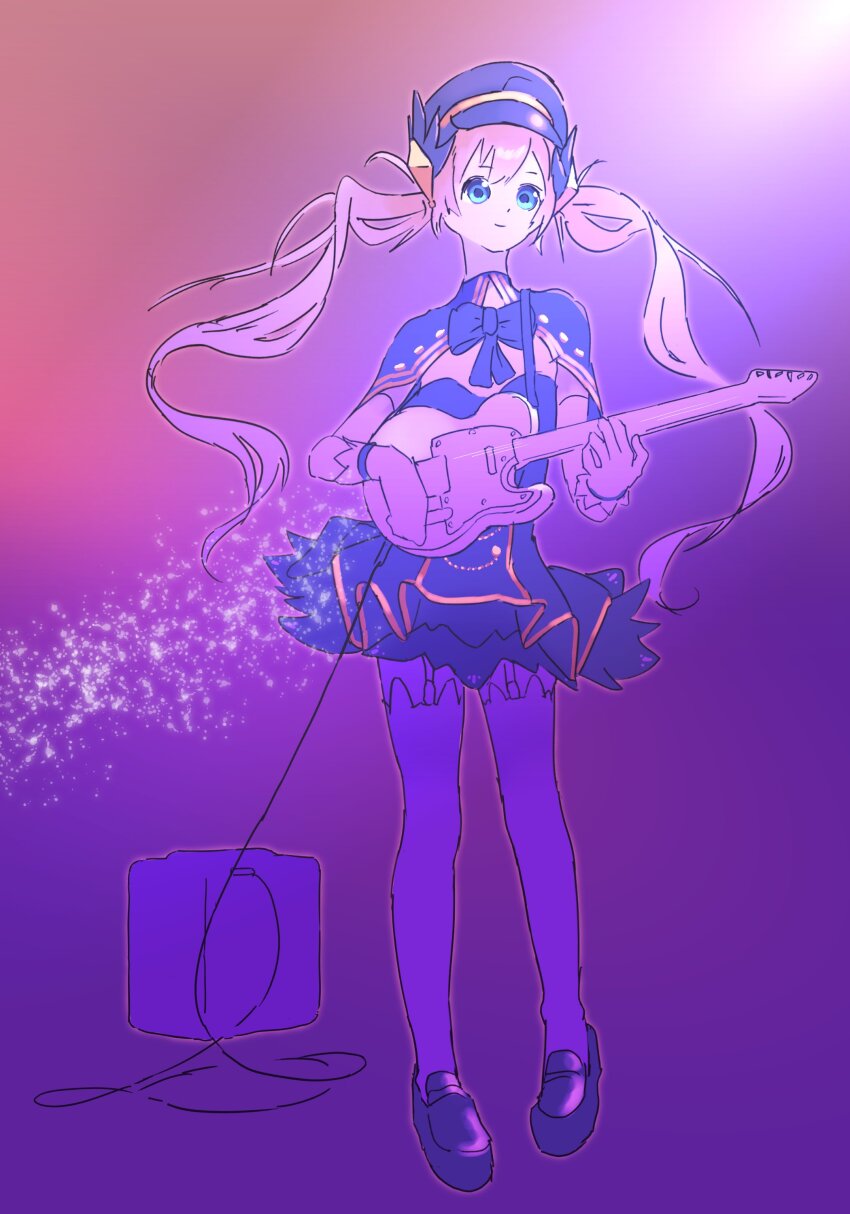 1girl absurdres artistic_error black_shoes blonde_hair blue_capelet blue_eyes blue_hat capelet chaos_gerda_(gakuen)_(grimms_notes) elbow_gloves electric_guitar full_body garter_belt gloves grimms_notes grimms_notes_gakuen guitar hair_ornament hat highres hij_san holding holding_guitar holding_instrument instrument purple_background shoes sketch smile solo white_garter_belt white_gloves