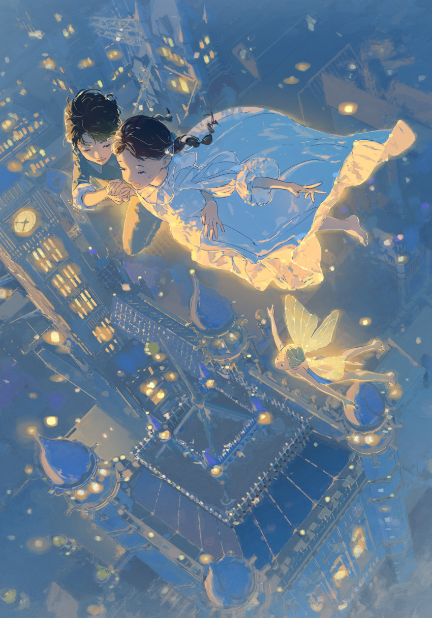 1boy 2girls black_hair blonde_hair blue_theme braid chinese_commentary city_lights cityscape clock clock_tower commentary_request fairy fairy_wings flying happy highres holding_hands multiple_girls night nightgown open_mouth outstretched_arm outstretched_arms peter_pan peter_pan_(character) sheya_tin short_hair tinker_bell_(character) tower twin_braids wendy_darling white_nightgown wings