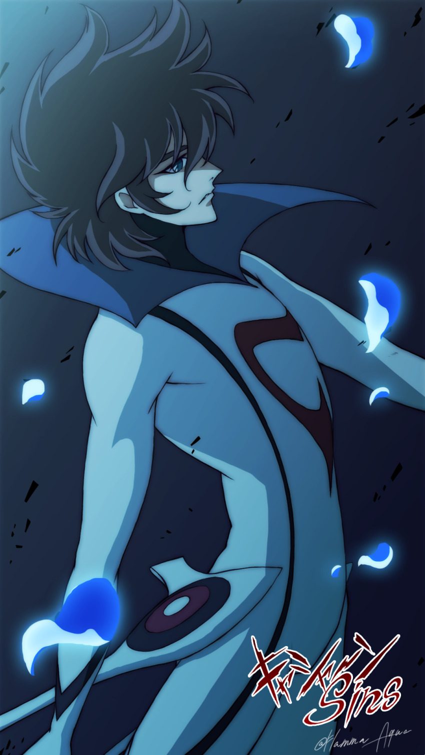 1boy blue_eyes blue_theme bodysuit brown_hair casshern casshern_(series) casshern_sins closed_mouth commentary_request copyright_name cowboy_shot expressionless falling_petals flamma_aqua hair_between_eyes highres long_bangs looking_at_viewer looking_to_the_side male_focus petals short_hair signature solo white_bodysuit