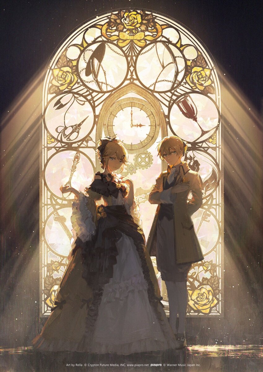 1boy 1girl aku_no_meshitsukai_(vocaloid) aku_no_musume_(vocaloid) allen_avadonia ascot backlighting bare_shoulders black_bow black_ribbon blazer blonde_hair bow brother_and_sister buckle choker clock clockworker&#039;s_doll collared_dress colored_eyelashes detached_collar dress dress_bow dress_flower evillious_nendaiki flower four_mirrors_of_lucifenia frilled_choker frilled_dress frilled_sleeves frills gears glass_of_conchita grey_shorts grim_the_end hair_bow hair_ornament hair_ribbon hairclip half-closed_eyes hand_on_own_chest high_collar high_ponytail highres jacket kagamine_len kagamine_rin light_particles looking_at_viewer marlon_spoon miku_symphony_(vocaloid) narrow_waist off-shoulder_dress off_shoulder official_art open_clothes open_jacket parted_lips petticoat ponytail rella ribbon riliane_lucifen_d&#039;autriche rose shoes short_ponytail shorts siblings sideways_glance smile socks stained_glass swept_bangs twin_blades_of_levianta twins two-tone_dress updo venom_sword vessel_of_sin vocaloid white_socks wide_sleeves window yellow_dress yellow_flower yellow_jacket yellow_rose
