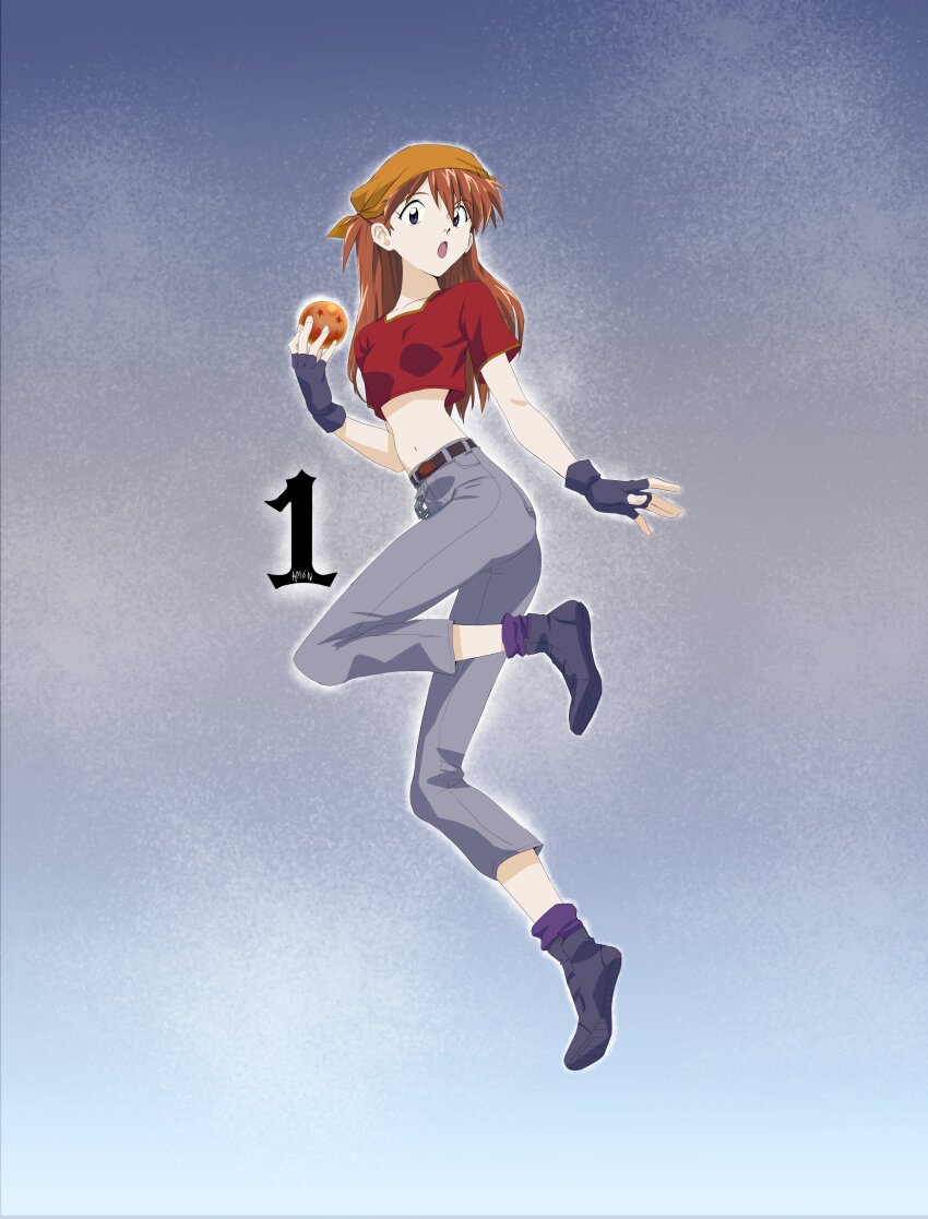 1girl absurdres amondetauro bandana black_shoes cosplay cropped dragon_ball dragon_ball_(object) dragon_ball_gt fingerless_gloves gloves grey_pants highres midriff navel neon_genesis_evangelion open_mouth orange_hair pan_(dragon_ball) pan_(dragon_ball)_(cosplay) pants red_shirt shirt shoes solo souryuu_asuka_langley stomach yellow_bandana