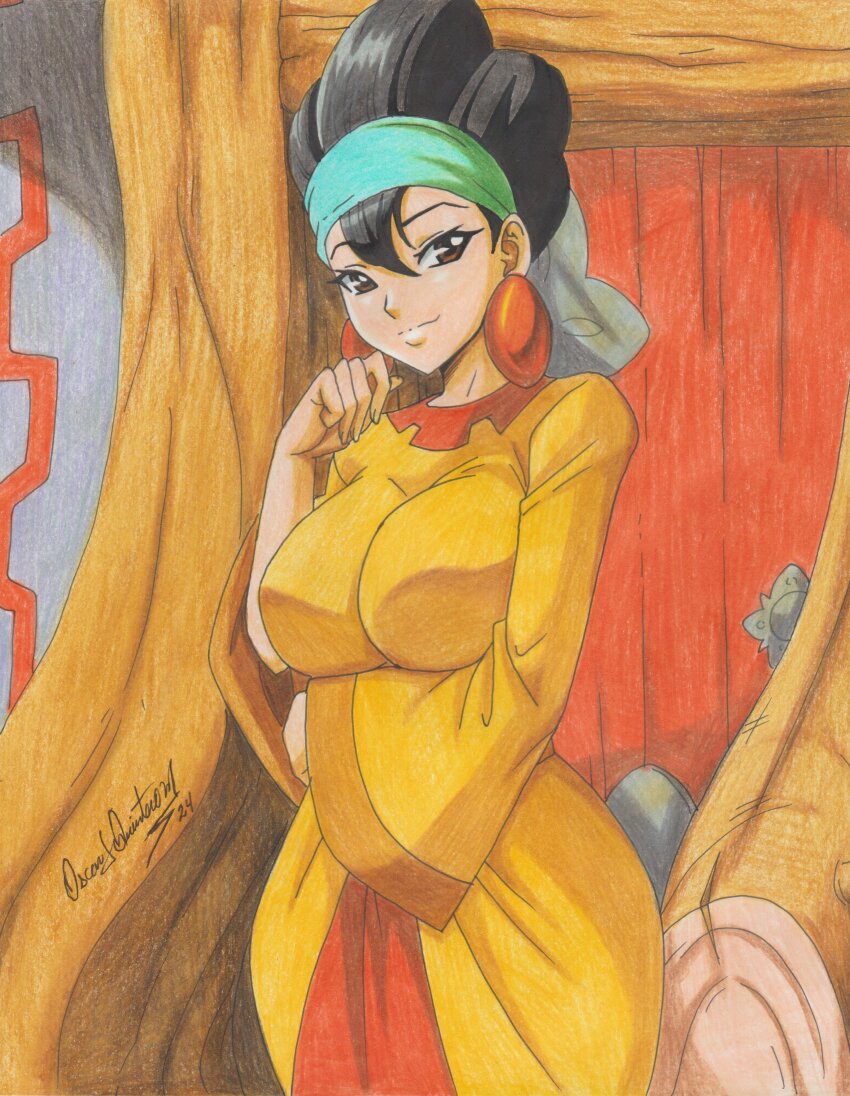 1girl 2024 absurdres artist_name black_hair breasts brown_eyes chicha_(the_emperor&#039;s_new_groove) disney dress earrings hair_between_eyes headband highres jewelry mature_female ravernclouk_design smile the_emperor&#039;s_new_groove traditional_media yellow_dress