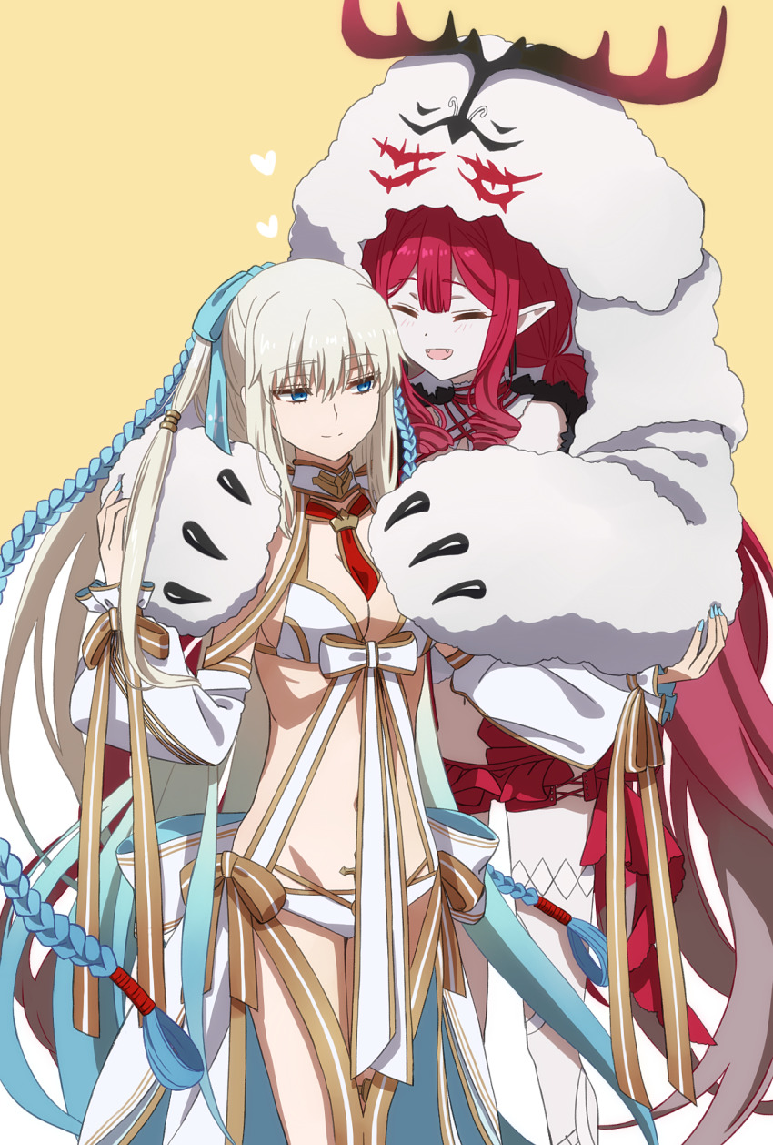 2girls antlers baobhan_sith_(fate) baobhan_sith_(swimsuit_pretender)_(first_ascension)_(fate) bare_shoulders bikini blue_eyes blue_hair braid breasts cernunnos_(fate) character_hood cleavage closed_eyes detached_collar detached_sleeves fate/grand_order fate_(series) hair_ribbon highres horns jacket large_breasts long_hair long_skirt long_sleeves microskirt morgan_le_fay_(fate) morgan_le_fay_(water_princess)_(fate) mother_and_daughter multiple_girls navel oiun open_clothes open_jacket open_mouth pink_hair pointy_ears ponytail puffy_long_sleeves puffy_sleeves red_skirt ribbon sidelocks skirt smile swimsuit thighs twin_braids very_long_hair white_bikini white_hair white_jacket white_skirt