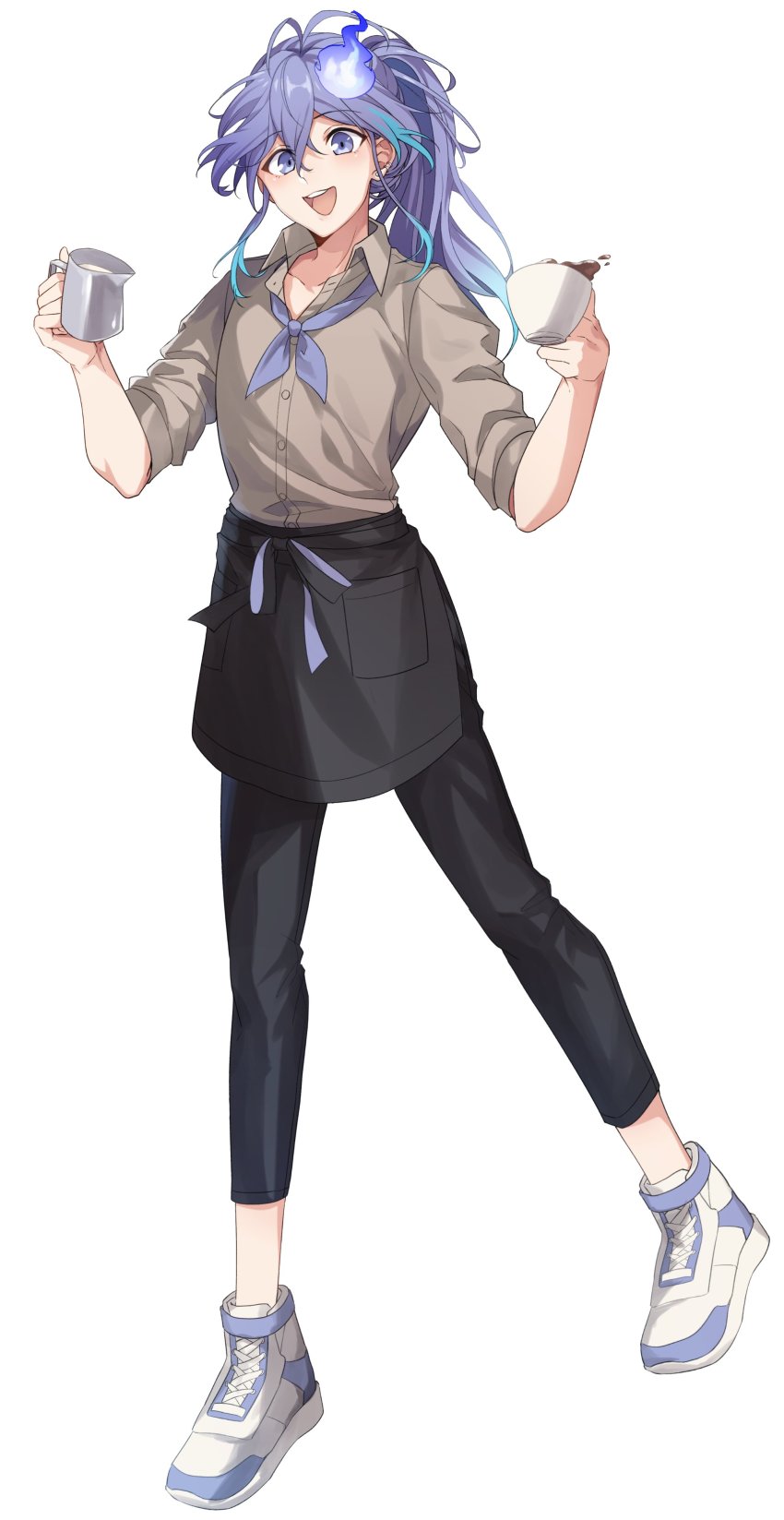 1boy :d absurdres akaie11 alternate_costume antenna_hair apron aqua_hair black_apron black_pants brown_shirt collared_shirt cup earrings full_body gradient_hair hair_between_eyes highres holding holding_cup holding_jug holostars jewelry long_hair looking_at_viewer male_focus milk minase_rio multicolored_hair neckerchief open_collar open_mouth pants ponytail purple_eyes purple_hair purple_neckerchief shirt shoes simple_background sleeves_rolled_up smile sneakers solo streaked_hair stud_earrings teeth upper_teeth_only virtual_youtuber waist_apron waiter white_background white_shoes