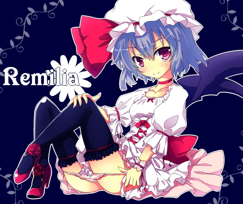 1girl bat_wings black_legwear blue_hair bow character_name female_focus hat hat_bow high_heels panties panty_pull red_eyes remilia_scarlet solo take_tonbo touhou underwear white_panties wings wrist_cuffs