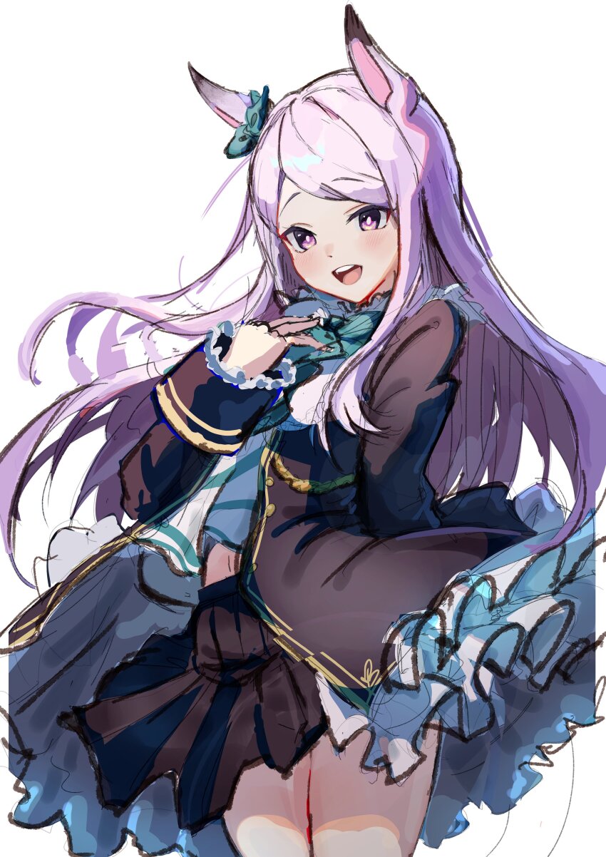 1girl :d absurdres animal_ears aqua_bow black_jacket black_skirt blush bow commentary_request cowboy_shot ear_bow frilled_jacket frills highres horse_ears horse_girl jacket long_hair long_sleeves looking_at_viewer mejiro_mcqueen_(umamusume) midriff_peek navel open_mouth purple_eyes purple_hair simple_background skirt smile solo tsujiya_okuyasu umamusume white_background
