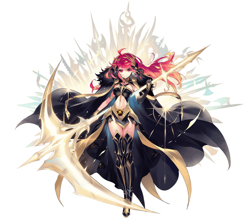 1girl ancient_killers_(phantom_of_the_kill) axe black_boots black_cloak black_dress black_gloves black_ribbon boots cloak closed_mouth dress elbow_gloves full_body gloves gold_dress hair_ornament hair_ribbon halberd hand_up hercule_(phantom_of_the_kill) highres holding holding_axe holding_polearm holding_weapon long_hair looking_at_viewer midriff official_alternate_costume official_art phantom_of_the_kill polearm red_eyes red_hair ribbon shibuhiko simple_background solo standing straight-on thigh_boots transparent_background two-tone_dress weapon white_background