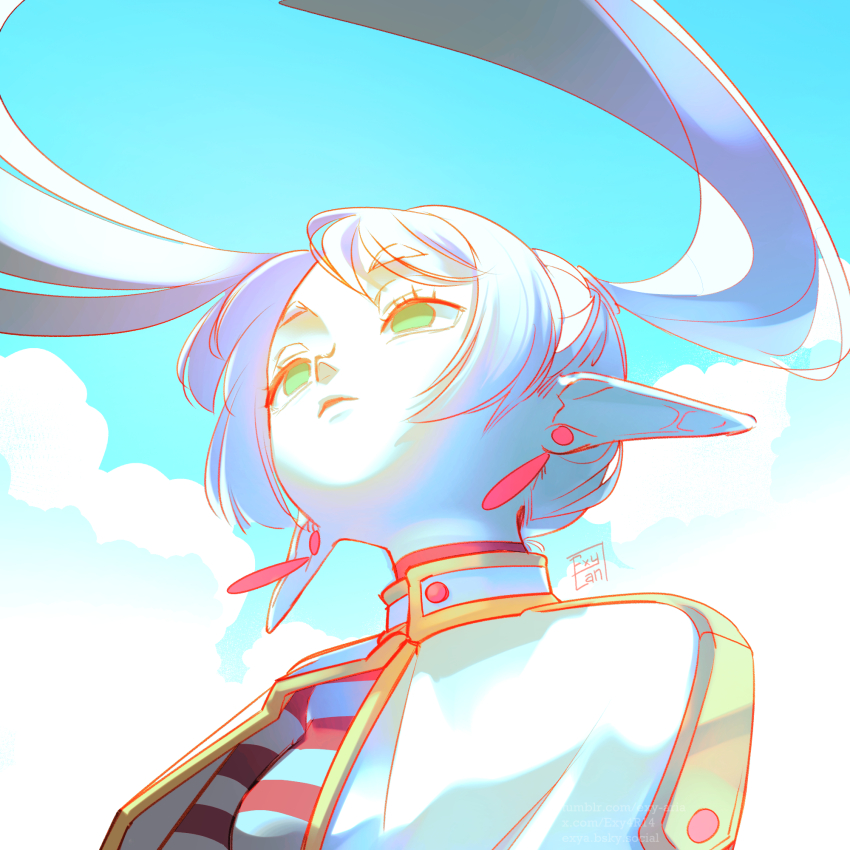 1girl cloud commentary earrings elf english_commentary exylan frieren green_eyes highres jewelry long_hair looking_afar meme outdoors parted_lips pointy_ears simple_background sky solo sousou_no_frieren twintails upper_body upward_angle_frieren_drawing_(meme) white_hair