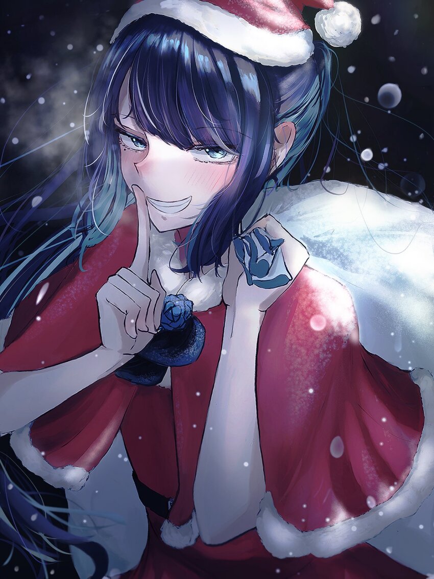 1girl ado_(utaite) belt black_belt blue_eyes blue_hair blush capelet chando_(ado) closed_mouth commentary english_commentary finger_to_mouth fur-trimmed_capelet fur_trim gift_bag hat highres long_hair mole mole_under_eye red_capelet red_hat santa_costume santa_hat shushing snow solo tanake_(tanakei_ado) utaite