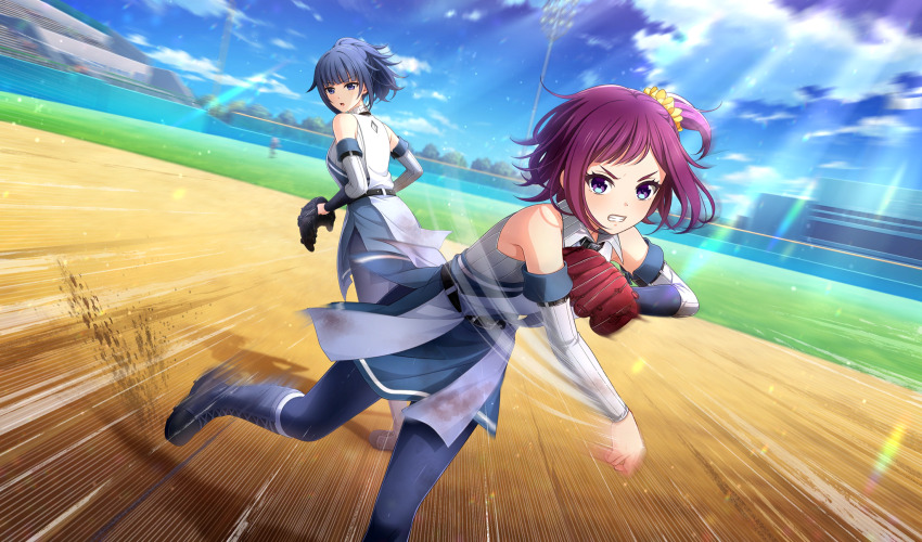 3girls baseball baseball_glove baseball_stadium baseball_uniform belt belt_buckle black_belt blue_eyes blue_pantyhose blunt_bangs blurry boots buckle cinderella_series clenched_teeth cloud depth_of_field detached_sleeves dress dust_cloud dutch_angle emphasis_lines film_grain game_cg hachigatsu_no_cinderella_nine hair_ornament hair_scrunchie high_ponytail highres light_particles light_rays looking_ahead motion_blur motion_lines multicolored_dress multiple_girls non-web_source official_art one_side_up oowada_sachi outdoors pantyhose playing_sports ponytail purple_eyes purple_hair sagara_yoshino scrunchie short_hair sky sleeveless sleeveless_dress speed_lines sportswear sunbeam sunlight teeth throwing v-shaped_eyebrows yellow_scrunchie