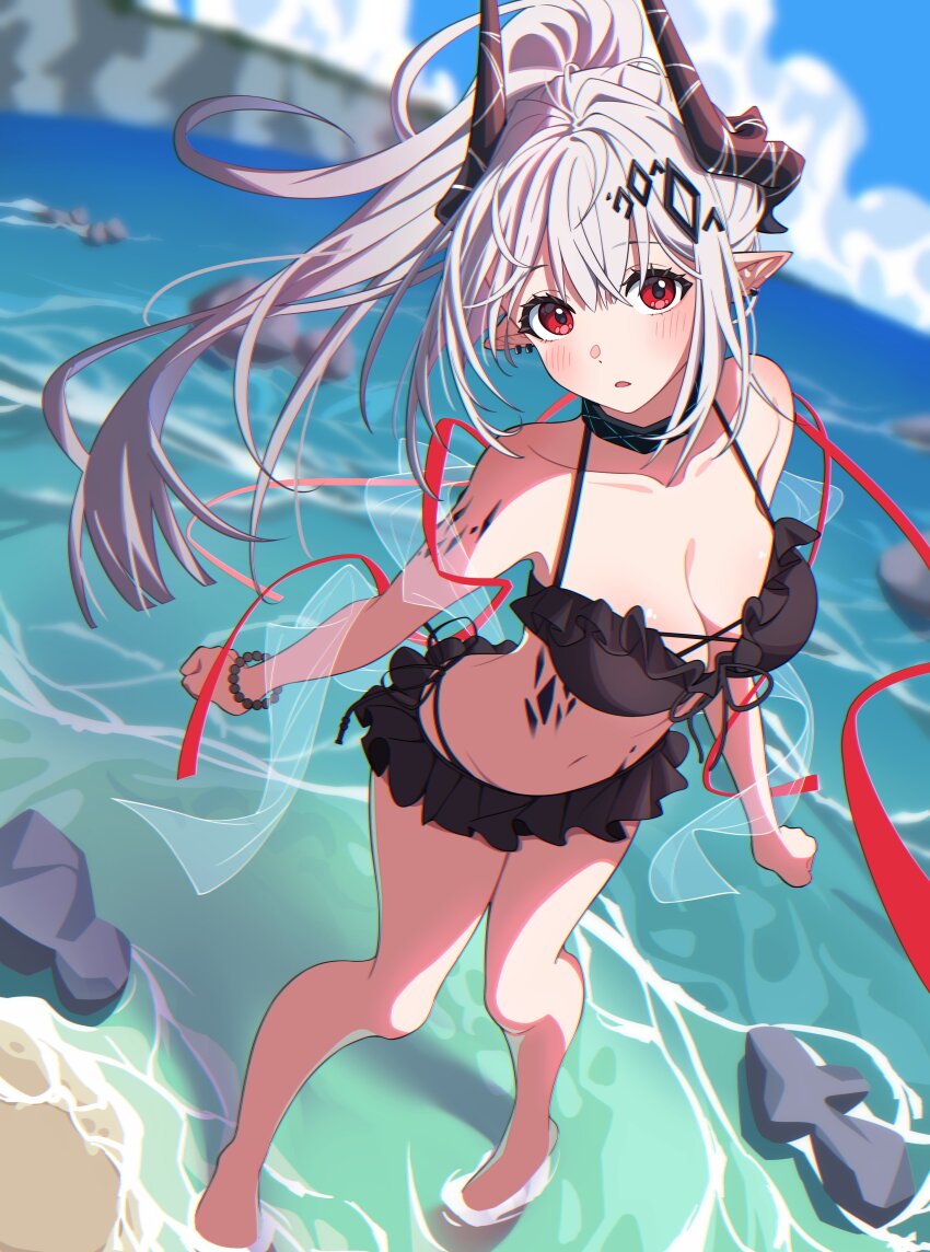 1girl absurdres arknights beach bikini blurry blurry_background collarbone frilled_bikini frills from_above highres long_hair looking_at_viewer mudrock_(arknights) partially_submerged pointy_ears ponytail red_eyes selene_(yechan1245) solo surf swimsuit wading white_hair