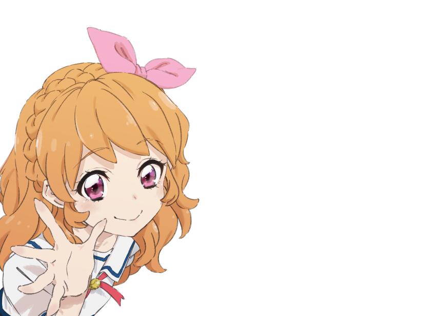 1girl absurdres aikatsu! aikatsu!_(series) bow braid hair_bow highres long_hair looking_at_viewer negative_space orange_hair ozora_akari pink_bow red_eyes red_ribbon ribbon sailor_collar saitou_atsushi_(kamatamanankotu) salute school_uniform shirt smile solo spread_fingers star_harmony_academy_school_uniform upper_body white_sailor_collar white_shirt