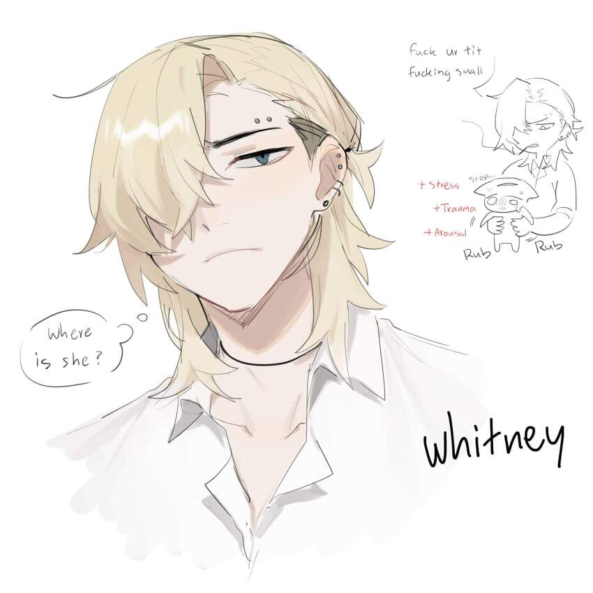 1boy blonde_hair blue_eyes character_name collared_shirt degrees_of_lewdity earrings english_text eyebrow_piercing hair_over_one_eye highres jewelry kai_(drakkai10) male_focus medium_hair piercing portrait shirt simple_background solo_focus speech_bubble thought_bubble white_background white_shirt whitney_(degrees_of_lewdity) whitney_(male)_(degrees_of_lewdity)