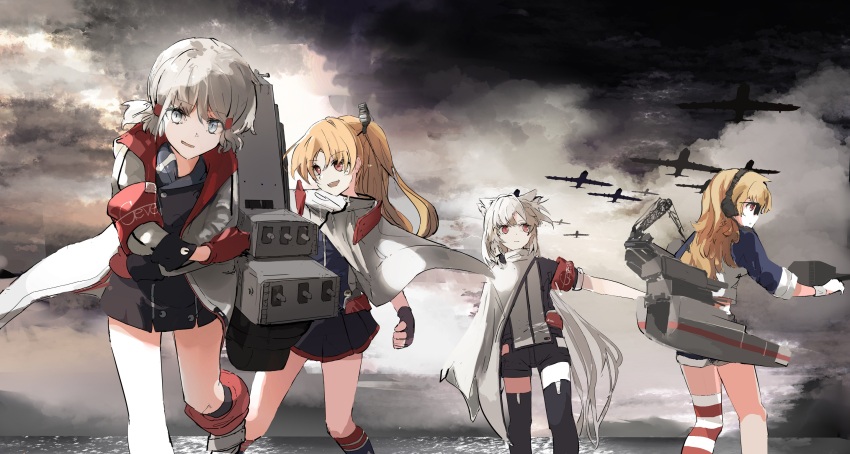 4girls aircraft armband azur_lane black_gloves black_shorts black_skirt blonde_hair capelet cleveland_(azur_lane) cloud cloudy_sky columbia_(azur_lane) denver_(azur_lane) fingerless_gloves gloves grey_hair highres hinaname montpelier_(azur_lane) multiple_girls parted_bangs red_armband rigging ship_turret shorts skirt sky water white_capelet white_gloves