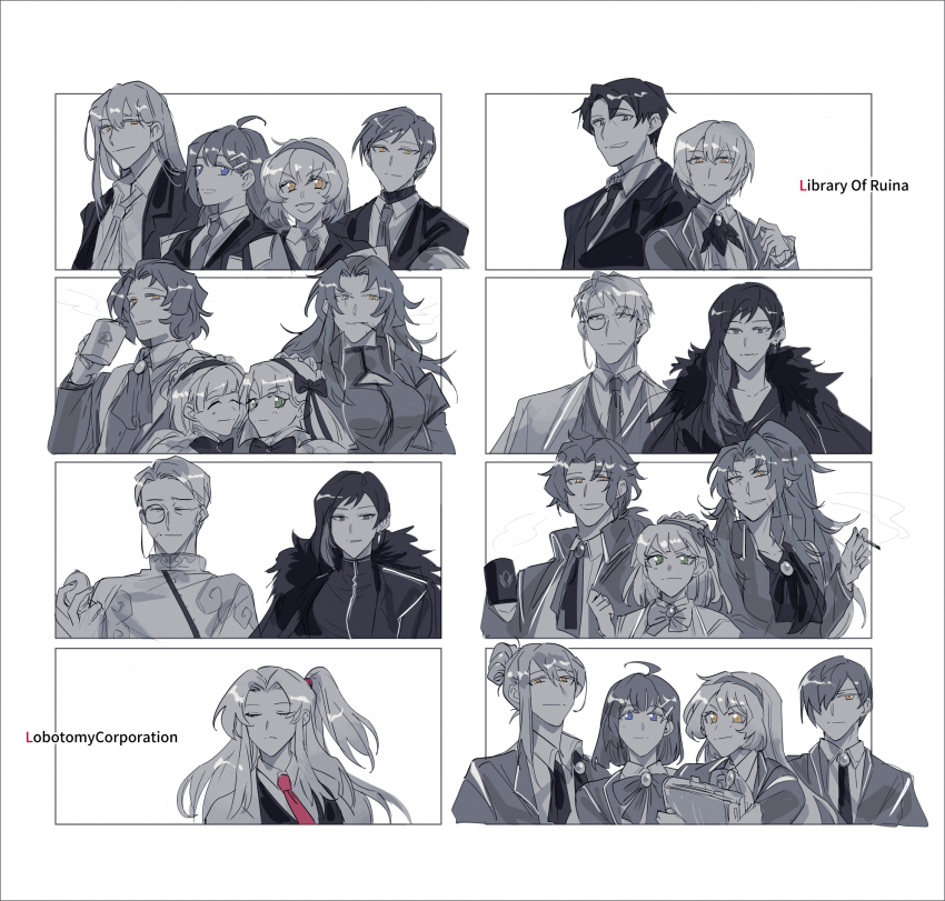 6+boys 6+girls ahoge angela_(project_moon) binah_(project_moon) blue_eyes bow bowtie chesed_(project_moon) collared_shirt folded_ponytail gebura_(project_moon) green_eyes greyscale hair_bow hair_ornament hairband hairclip highres hod_(project_moon) hokma_(project_moon) jacket ko_bammm library_of_ruina lobotomy_corporation long_hair looking_at_viewer malkuth_(project_moon) medium_hair monochrome monocle multiple_boys multiple_girls necktie netzach_(project_moon) one_side_up open_mouth project_moon red_necktie roland_(project_moon) shirt short_hair smile spot_color tiphereth_a_(project_moon) tiphereth_b_(project_moon) very_long_hair yellow_eyes yesod_(project_moon)