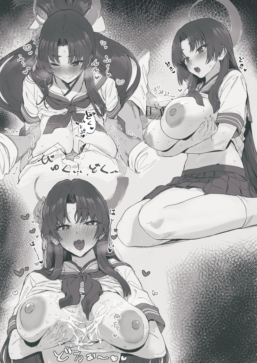 1boy 1girl absurdres blue_archive blush breasts commentary_request cum cum_string fang grey_background hair_ornament halo heart highres hime_cut kneeling large_breasts long_hair monochrome nipples open_mouth paizuri penis puni_(punyukichi) school_uniform serafuku shirt skin_fang socks spoken_heart translation_request very_long_hair yukari_(blue_archive)