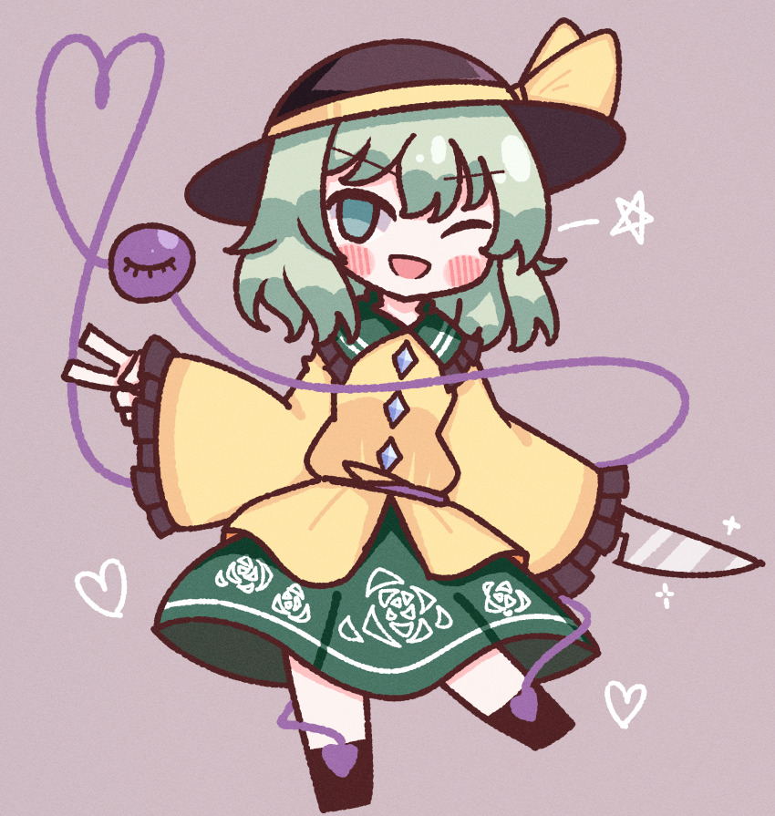 1girl ;d absurdres black_hat blush blush_stickers bow buttons diamond_button floral_print frilled_shirt_collar frilled_sleeves frills green_eyes green_hair green_skirt hat hat_bow heart heart_of_string highres holding holding_knife knife komeiji_koishi light_green_hair long_sleeves medium_hair one_eye_closed open_mouth rose_print shirt simple_background skirt sleeves_past_wrists smile solo standing third_eye touhou v waroemon yellow_bow yellow_shirt
