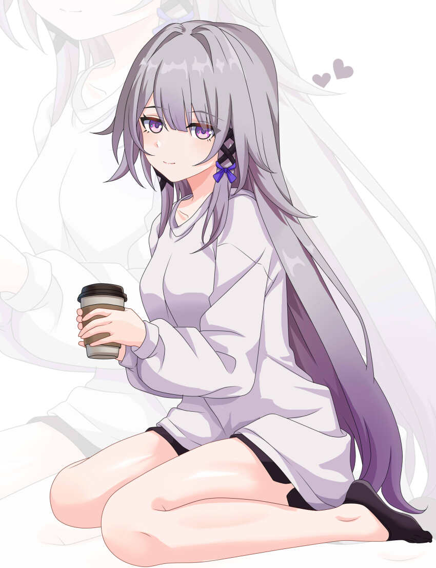1girl absurdres alternate_costume black_shorts closed_mouth commentary cup disposable_coffee_cup disposable_cup full_body grey_hair hair_ribbon heart herta_(honkai:_star_rail) highres holding holding_cup honkai:_star_rail honkai_(series) long_hair long_sleeves looking_at_viewer maxwelzy purple_eyes purple_hair purple_ribbon ribbon shirt shorts sitting smile solo the_herta_(honkai:_star_rail) thighs very_long_hair wariza white_shirt zoom_layer