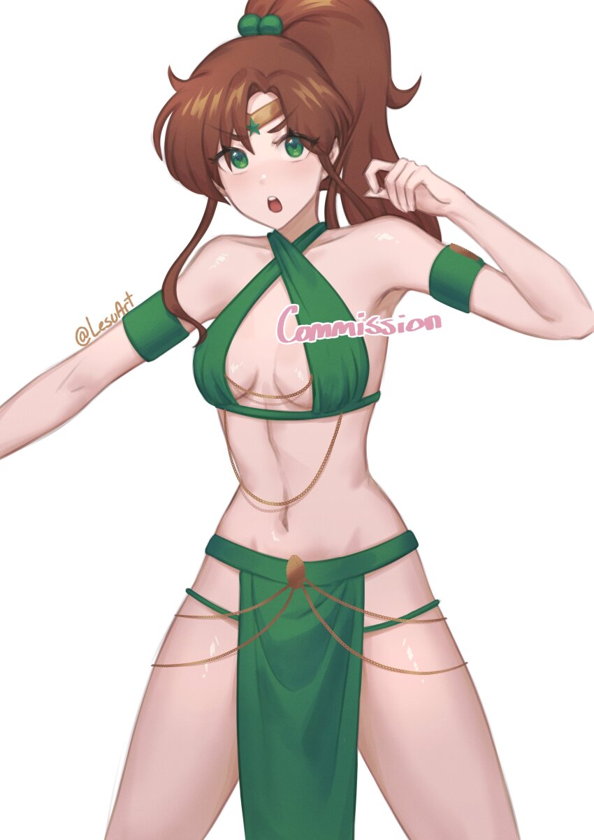1girl :o abs absurdres armband artist_name bare_shoulders bishoujo_senshi_sailor_moon breasts brown_hair chain cleavage cleavage_cutout clothing_cutout commentary commission cowboy_shot criss-cross_halter curled_fingers dancer english_commentary english_text eyelashes gold_chain green_armband green_eyes green_shirt green_skirt hair_bobbles hair_ornament hair_over_shoulder halterneck hand_up high_ponytail highres kino_makoto lesu long_hair looking_at_viewer medium_breasts meme_attire midriff navel open_mouth outstretched_arm pelvic_curtain ponytail sailor_moon_pose shiny_skin shirt side_slit sidelocks signature simple_background skirt solo spread_legs standing star_(symbol) teeth tiara toned toned_female twintails twitter_username upper_teeth_only v-shaped_eyebrows white_background
