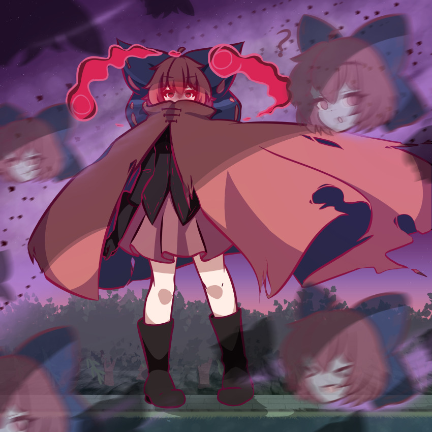 &gt;_&lt; 1girl :d :o ? absurdres black_boots black_gloves black_shirt blue_bow boots bow cape closed_eyes commentary covered_mouth dynamax english_commentary eyelashes forest full_body giant giantess gigantamax gigantamax_(other) gloves glowing glowing_eyes hair_bow highres knee_boots large_bow medium_hair multiple_heads nature nintendo open_mouth outdoors pokemon purple_sky red_cape red_eyes red_hair red_skirt rownou sekibanki shirt skirt sky smile solo standing torn_cape torn_clothes touhou tree