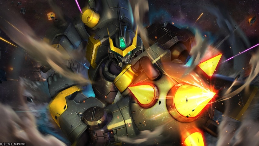 absurdres artist_request battle copyright_logo debris dolmel dolmel_doue duel dust_cloud exposed_internal_machinery glowing_hot gundam gundam_battle_operation_2 highres looking_at_viewer machinery mecha mecha_focus mobile_suit mobile_suit_gundam_katana motion_blur official_art realistic robot science_fiction shoulder_spikes spikes sunrise_(company) tackle