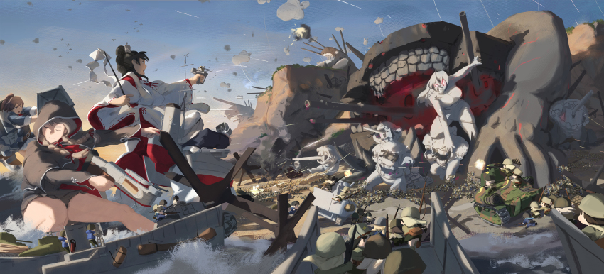 4girls absurdres abyssal_ship aircraft angry barrage_balloons battle beach black_dress black_hair braid brown_hair capelet cliff closed_eyes daihatsu_(landing_craft) dress explosive fairy_(kancolle) fighting_stance flak goliath_tracked_mine hakama highres holding holding_weapon hood hooded_capelet horns japanese_clothes kantai_collection landing_craft long_hair m4_sherman machinery miko military_uniform military_vehicle mine_(weapon) motor_vehicle multiple_girls nisshin_(kancolle) ocean open_mouth panzer_iii pillbox_fortress_princess ponytail projectile_trail screaming sheffield_(kancolle) shinshuu_maru_(kancolle) shore single_horn sky sleeves_rolled_up tank turret twilight twin_braids weapon ye_fan