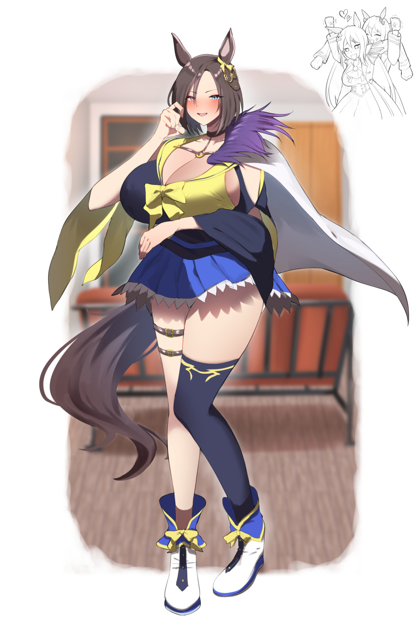 3girls absurdres air_groove_(umamusume) animal_ears arm_up black_thighhighs boots bow breasts cleavage closed_mouth commentary_request ear_bow ear_ornament feathers female_pervert fine_motion_(umamusume) full_body genderswap genderswap_(mtf) hair_over_one_eye highres horse_ears horse_girl horse_tail large_breasts looking_at_viewer multiple_girls original personification pervert petticoat pilsudski_(racehorse) siblings simple_background single_thighhigh sisters smile smoke_klll solo standing tail thighhighs umamusume white_background white_boots yellow_bow