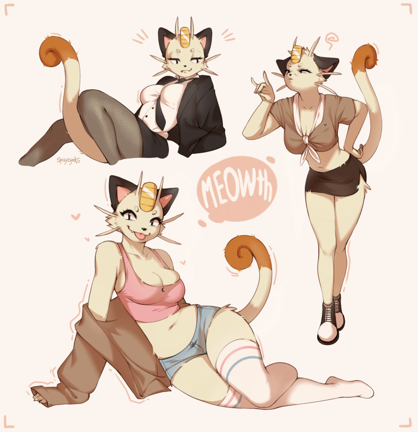1girl :p absurdres bad_id bad_twitter_id black_eyes breasts business_suit character_name cleavage crop_top fangs female_focus formal_clothes furry furry_female gen_1_pokemon hand_on_own_hip heart highres hotpants jacket looking_at_viewer meowth midriff necktie nintendo personification pokemon pokemon_(creature) reference_sheet shirt shoes shorts simple_background sitting skirt slit_pupils smile socks solo speech_bubble spuydjeks suit tail thighhighs tongue tongue_out whiskers white_background
