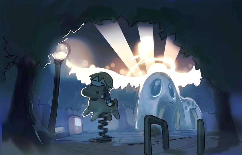 1girl backlighting black_shirt blonde_hair building chibi closed_eyes grey_skirt highres lamppost long_sleeves night no_mouth outdoors park riding searchlight shirt shoes short_hair skirt solo spring_rider tree urotsuki vending_machine wide_shot xgshjsgha yume_2kki