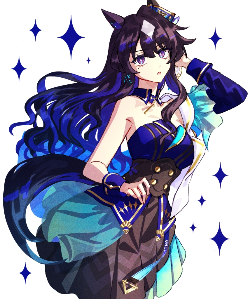 1girl animal_ears black_dress blue_collar blue_eyes blue_hair blush border breasts buttons collar commentary_request cowboy_shot detached_sleeves dress ear_covers ears_through_headwear hair_between_eyes highres horse_ears horse_girl jagaimobeniko large_breasts looking_at_viewer multicolored_hair simple_background single_ear_cover smile solo sparkle streaked_hair umamusume verxina_(umamusume) white_background white_border white_hair