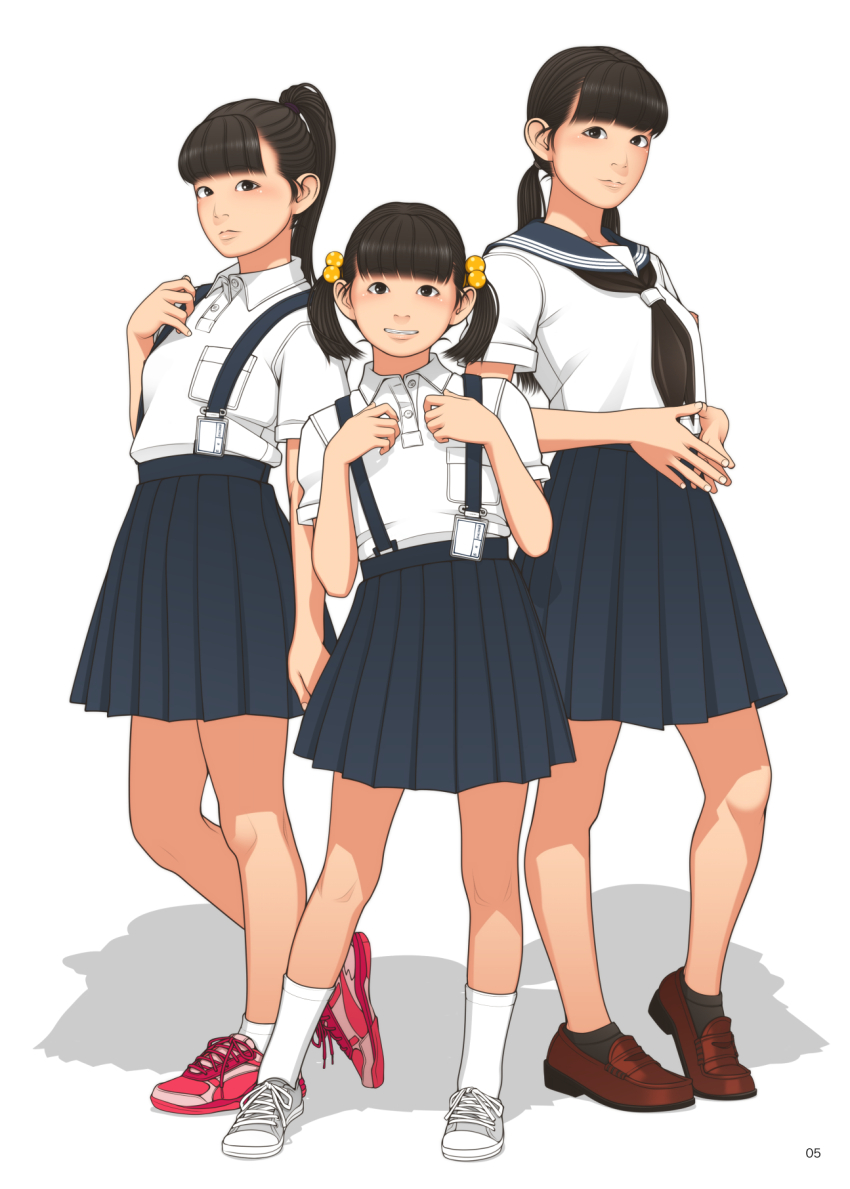 3girls asian breasts commentary_request frown hair_bobbles hair_ornament high_ponytail highres loafers low_twintails medium_breasts medium_skirt multiple_girls original page_number pleated_skirt polo_shirt ponytail shinchou_ni_kansuru_kousatsu shirt shoes skirt smile sneakers steepled_fingers suspender_skirt suspenders twintails white_shirt