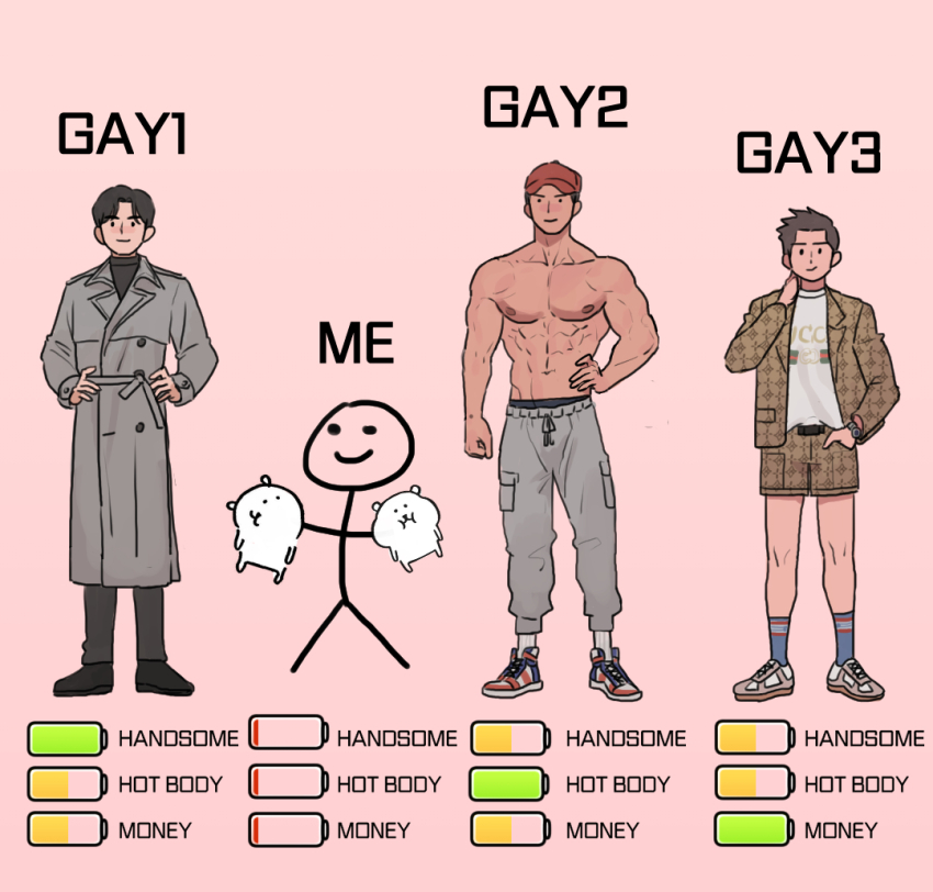 ._. 4boys abs artist_self-insert bara black_male_underwear coat english_text full_body gucci large_pectorals looking_at_viewer male_focus male_underwear male_underwear_peek money multiple_boys muscular muscular_male navel nipples original pants parody pectorals pink_background pober-kun rich short_hair short_shorts shorts socks standing stats stick_figure stomach thick_eyebrows topless_male track_pants underwear