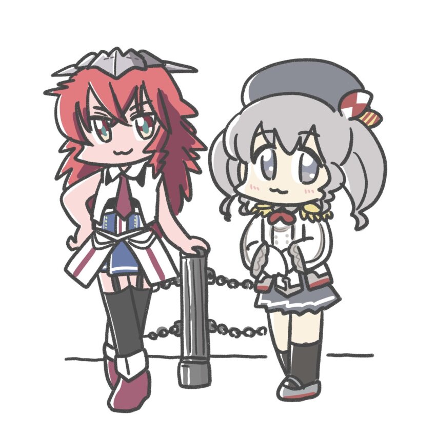2girls :3 beret black_hat black_socks black_thighhighs blue_skirt chain commentary_request ferret-san frilled_jacket frills garter_straps grey_eyes grey_hair grey_skirt hat headgear highres jacket kantai_collection kashima_(kancolle) long_hair looking_at_viewer military_uniform multiple_girls no_nose phoenix_(kancolle) pleated_skirt red_footwear red_hair simple_background skirt sleeveless sleeveless_jacket socks thighhighs twintails white_background white_jacket