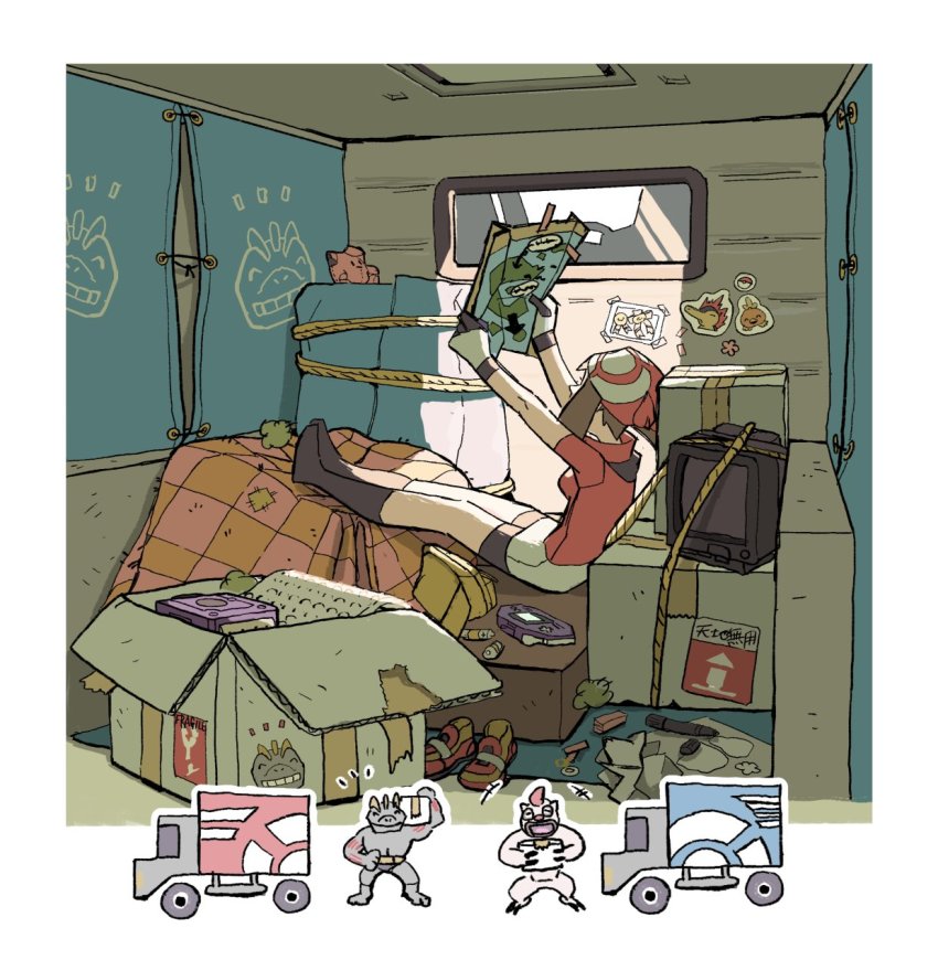 1girl bandana bike_shorts blanket box box_truck cardboard_box character_doll character_print clefairy collared_shirt commentary_request cyndaquil doll game_console gamecube gen_1_pokemon gen_2_pokemon gen_3_pokemon gloves highres holding machoke may_(pokemon) motor_vehicle nintendo pokemon pokemon_(creature) pokemon_rse rope shirt shoes short_sleeves skirt socks television terrible_burst torchic truck unworn_shoes vigoroth white_skirt window wingull