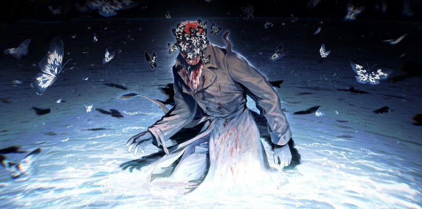 1boy absurdres ascot blood blood_on_clothes blood_on_face bug butterfly coat facing_viewer fedora gloves hat highres horror_(theme) inkblot insect male_focus masked red_hair rorschach scarf solo swarm taocan_shisi_hao trench_coat watchmen water