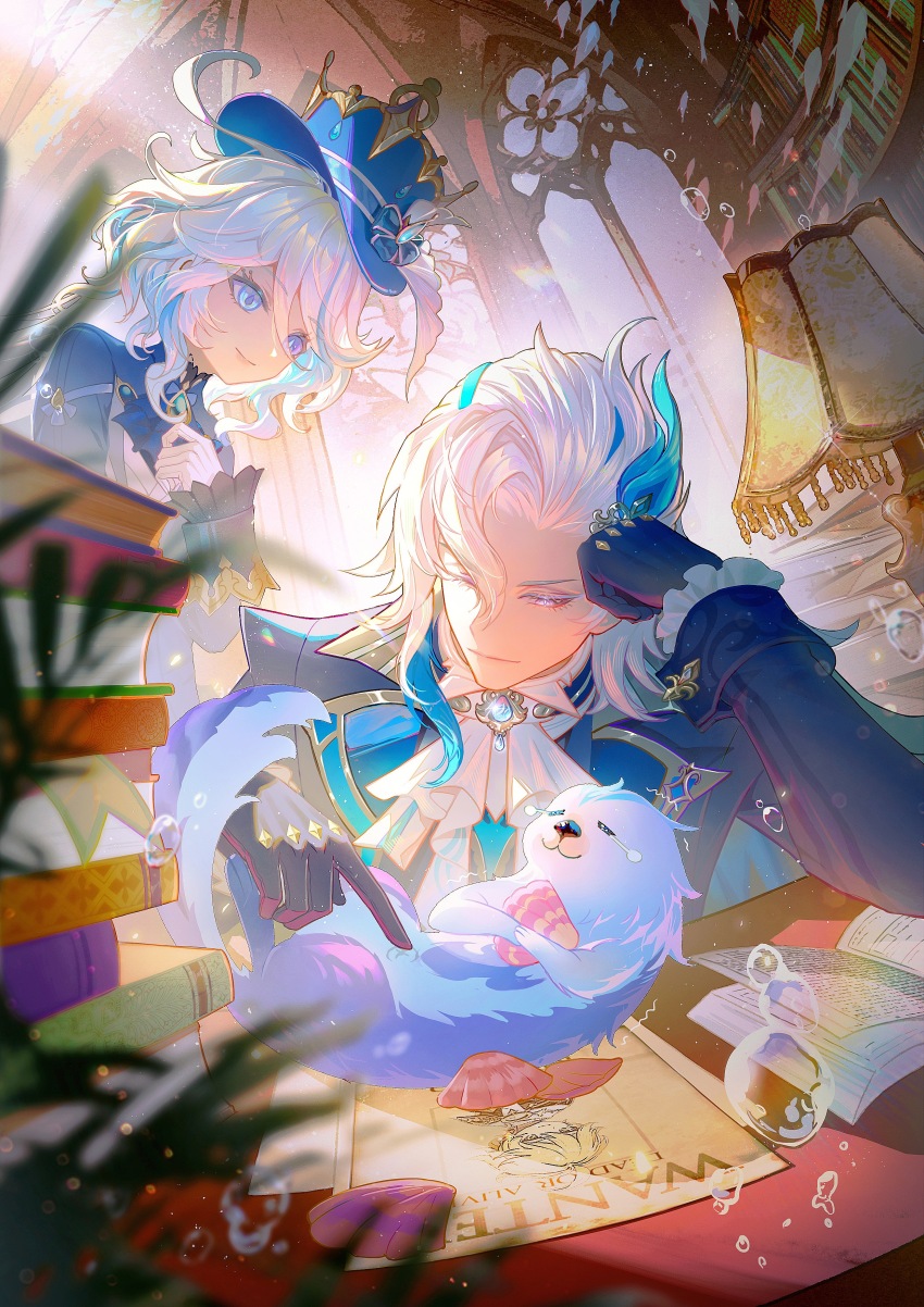 1boy 1girl =_= absurdres air_bubble arch ascot blue_ascot blue_eyes blue_gemstone blue_gloves blue_hair blue_hat blue_jacket blurry blurry_foreground book book_stack bow brooch bubble chinese_commentary collared_jacket commentary_request cowlick day desk dome elbow_rest fisheye from_below furina_(genshin_impact) gem genshin_impact gloves hair_between_eyes hand_on_own_chest hat hat_bow head_rest highres holding_seashell indoors jacket jewelry lamp leisurely_otter_(genshin_impact) long_sleeves medium_hair multicolored_hair neuvillette_(genshin_impact) one_eye_closed open_book otter petting poster_(object) san_wu_mao_liang seashell shell smile streaked_hair swept_bangs top_hat two-tone_hair upper_body wanted_poster wavy_hair white_ascot white_gloves white_hair