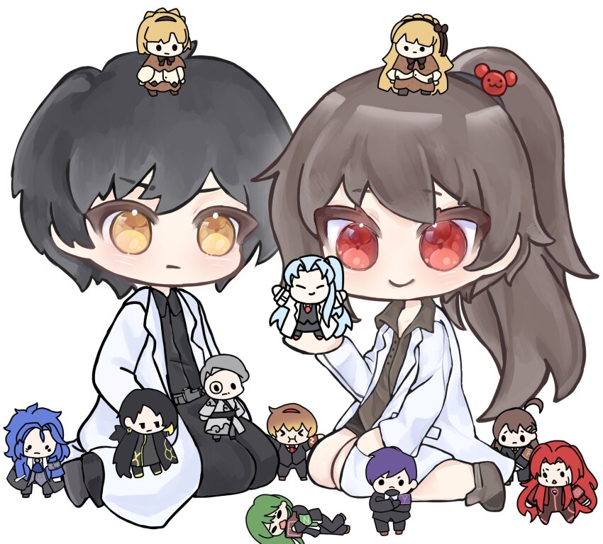 6+boys 6+girls angela_(project_moon) ayin_(project_moon) binah_(project_moon) black_pants black_shirt black_skirt brown_hair brown_shirt carmen_(project_moon) chesed_(project_moon) chibi closed_mouth coat collared_shirt gebura_(project_moon) highres hod_(project_moon) hokma_(project_moon) kneeling kyuncat lab_coat lobotomy_corporation long_hair malkuth_(project_moon) multiple_boys multiple_girls netzach_(project_moon) pants ponytail project_moon red_eyes red_hair shirt simple_background skirt smile tiphereth_a_(project_moon) tiphereth_b_(project_moon) very_long_hair white_background white_coat yesod_(project_moon)