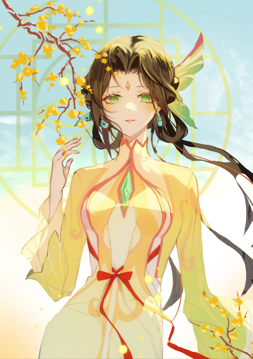 1girl absurdres artist_request bad_source branch breasts brown_hair chinese_clothes dress earrings facial_mark flower fujin_(genshin_impact) gem genshin_impact green_eyes hair_ornament hair_rings highres jewelry long_hair long_sleeves looking_at_viewer smile solo webp-to-png_conversion window wintersweet yellow_dress