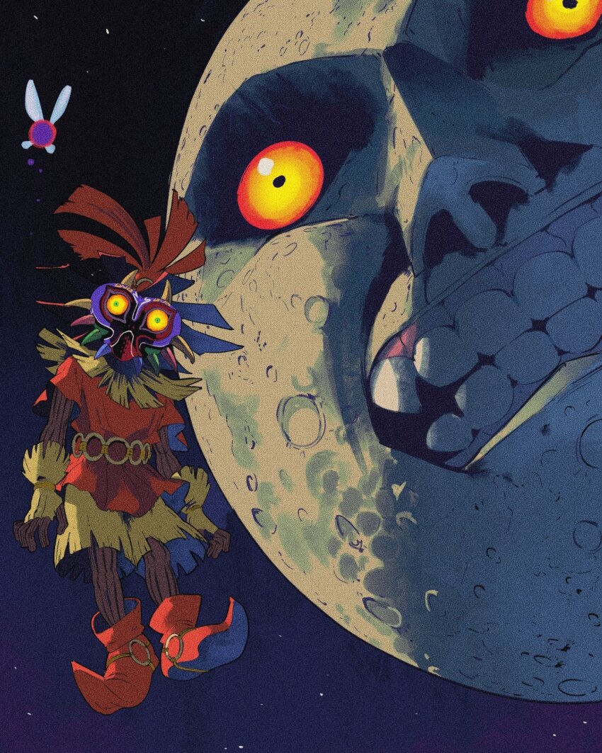 1boy giganticbuddha highres male_focus mask moon moon_(zelda) night night_sky nintendo orange_shoes pointy_footwear shoes skull_kid sky spikes star_(sky) starry_sky tael the_legend_of_zelda the_legend_of_zelda:_majora&#039;s_mask