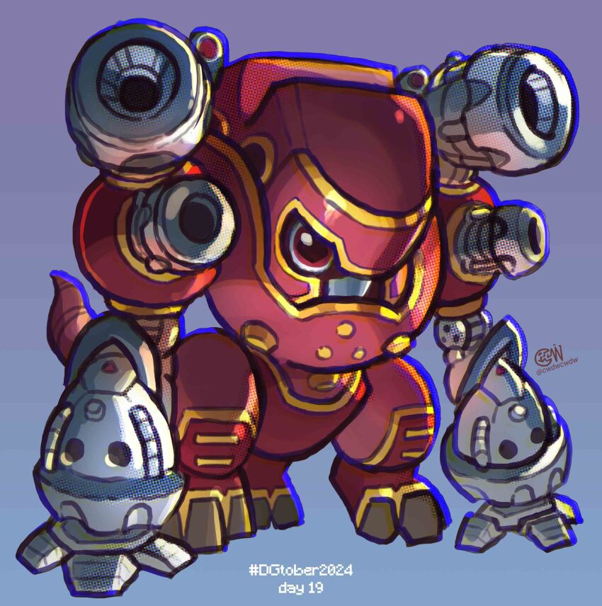 absurdres armor blue_background chibi cwdw digimon digimon_(creature) highres mechanical_arms no_humans red_armor red_eyes shoulder_cannon solo suijinmon
